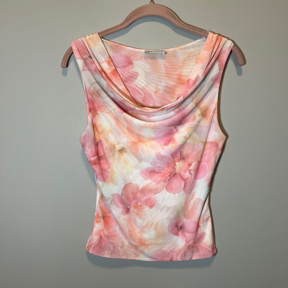 Milk + Honey Pink Floral Mesh Cowl Neck Sleeveless Top Women's Small